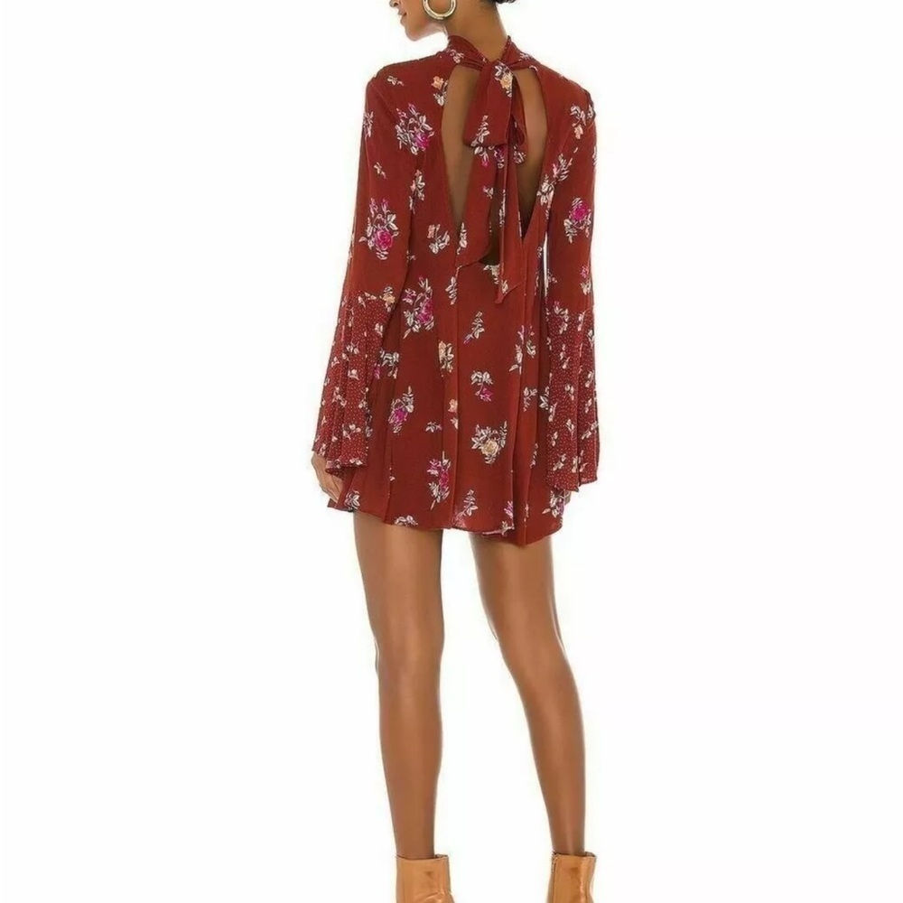 NWT FREE PEOPLE Burgundy Floral Long Bell Sleeve Tie Back Mini Dress Size Small - Picture 5 of 6